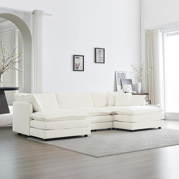 KEIKI Combination Sofa, Upholstered 5 Seater Couch, Oversized U Shaped Sectional Sofa with Reversible Ottoman for Living Room Bedroom Office, White