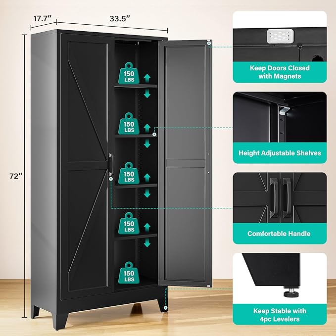 SISESOL Wide & Deep Pantry Storage Cabinets with 2 Doors and 5 Shelves,Tall Storage Cabinet,Large Cupboard Closet,Farmhouse Storage Cabinet for Home,Kitchen,Dining/Living Room (Black, 72" H)