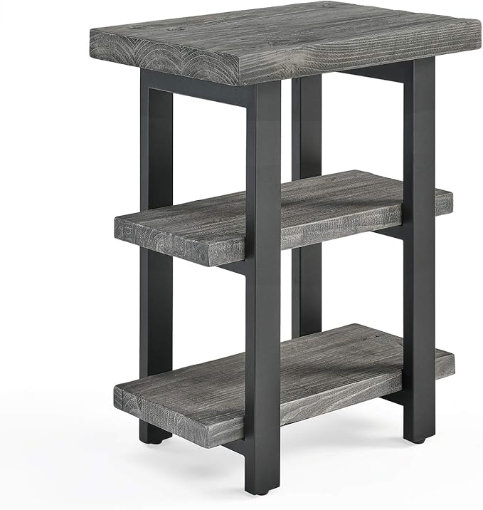 Alaterre Furniture Pomona Living Room Tables – 3-Tier Solid Wood End Table with Metal Legs & Storage Shelves – Modern Rustic Industrial Space-Saving Accent Table or Nightstand (Slate Grey)