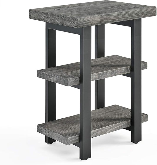 Alaterre Furniture Pomona Living Room Tables – 3-Tier Solid Wood End Table with Metal Legs & Storage Shelves – Modern Rustic Industrial Space-Saving Accent Table or Nightstand (Slate Grey)