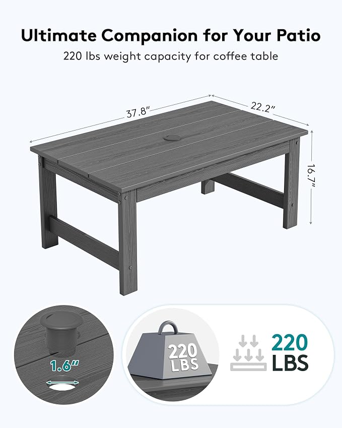 SERWALL HDPE Patio Coffee Table, Rectangle Outdoor Coffee Table, All-Weather Coffee Side Table for Balcony, Poolside, Deck, Garden, Gray - Image 2