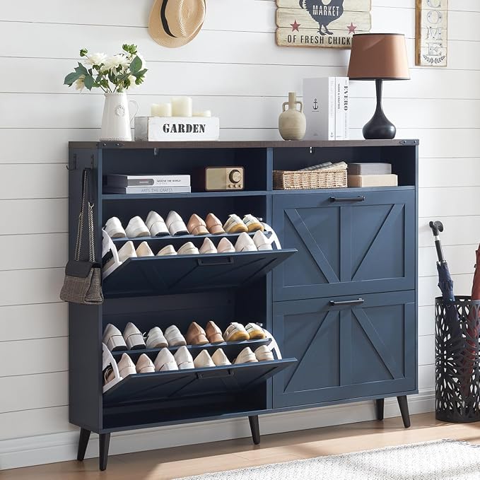 Barnyatoh Shoe Storage Cabinet,Farmhouse Shoe Organizer with 4 Flip Drawers & Barn Door Design,Freestanding Hidden Slim Narrow Shoe Rack Cabinet with Open Shelves for Entryway,Foyer,Hallway,Navy Blue by Barnyatoh
