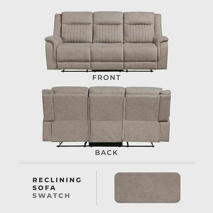 Lexicon Manual Double Reclining Sofa, Polished Microfiber Upholstered 3 Seater Manual Sofa Recliner for Living Room, Wall Hugger, Easy Assembly, Dove