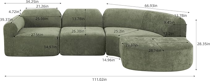 Merax Modern Curved Sectional Sofa with Ottoman, Couch 4-Piece Set High-Density Compressed Sponge, Fully Assembled, Right Hand Facing, Plush Deep Seat for Living Room, Lounge, Apartment, Green