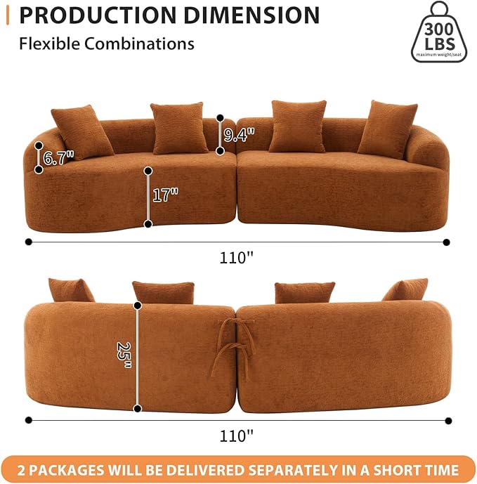 KEIKI Curved Chenille Modular Sectional Couches with Pillows, 4 Seater Oversized Upholstered Luxury Plush Cloud Sofa for Living Room Apartment, Full Compression Sponge,