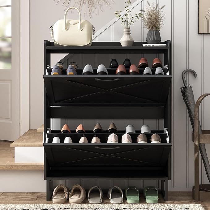 Maupvit Shoe Storage Cabinet with 2 Flip Drawers, Freestanding Organizer with Metal Legs for Entryway, Narrow Shoe Rack Cabinet, Black - Image 3
