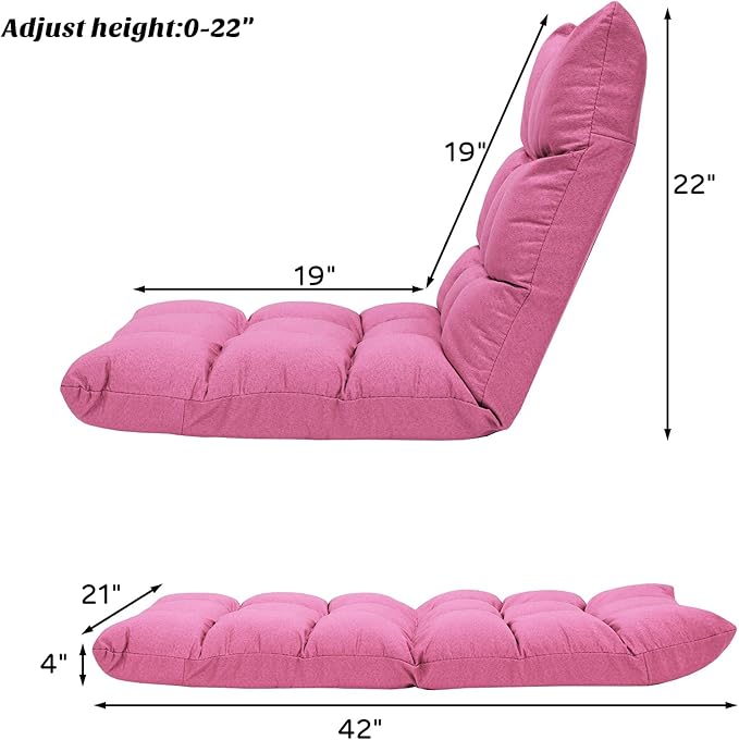 Giantex Adjustable Floor Gaming Sofa Chair 14-Position Cushioned Folding Lazy Recliner High Resilience Sponge, Breathable Cotton & Linen Fabric Sleeper Bed Couch Recliner with Removable Cover (Pink)