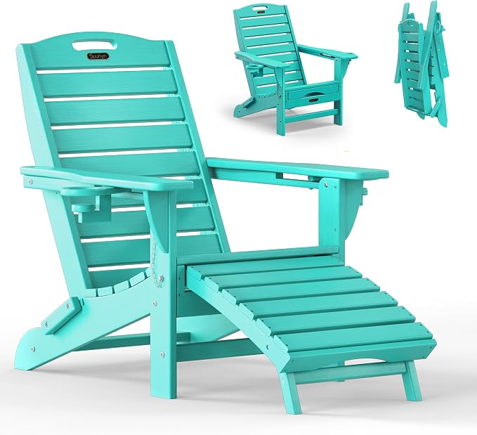 Folding Adirondack Chair with Retractable Ottoman Weather Resistant Fire Pit Chair Patio Chair with 2 Cup Holder Lawn Outdoor Lounge Chair (Lake Blue) by Suunyn