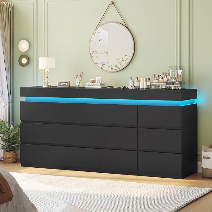 HAUOMS 12 Drawer Dresser with LED Light, Black Modern Chest of Drawers for Bedroom,Long Dresser with Drawers for Living Room, Entryway, Hallway by HAUOMS