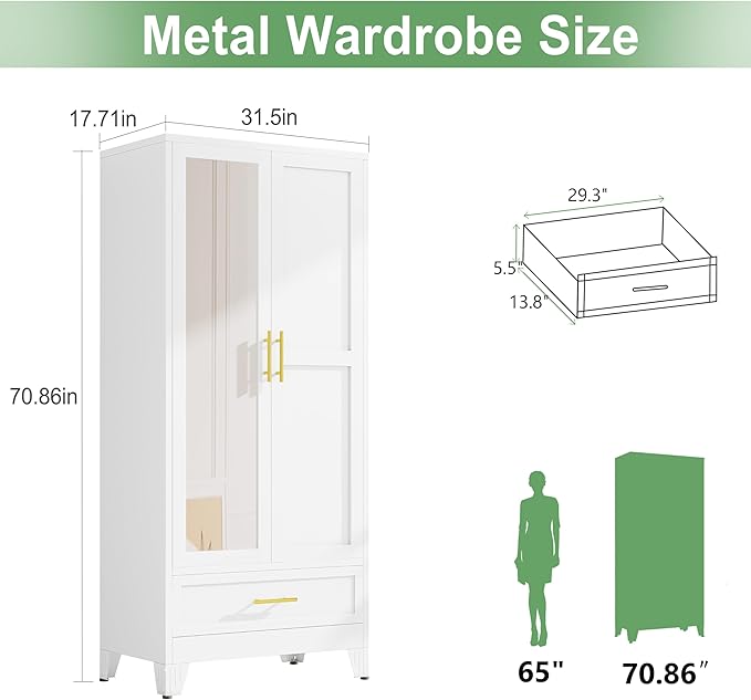 Ckzbx 71" H Metal Armoire Wardrobe Closet with Mirror, Adjustable Shelve, Clothes Metal Wardrobe Cabinet for Bedroom (1 Drawer, White)
