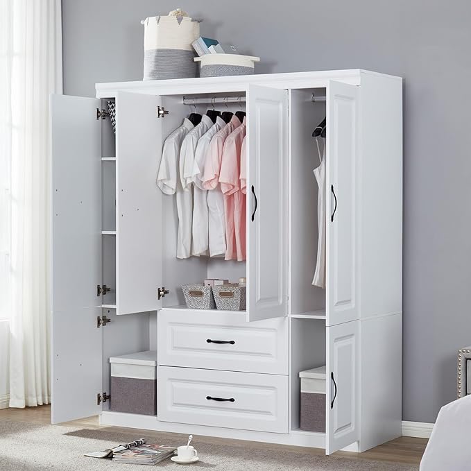 Wooden Armoire Wardrobe Closet：Modern Armoire Wardrobe Closet with 4 Doors, 2 Drawers and Hanging Rods for Tall Cabinet, Large Capacity Clothes Storage Cabinet for Bedroom Home, White