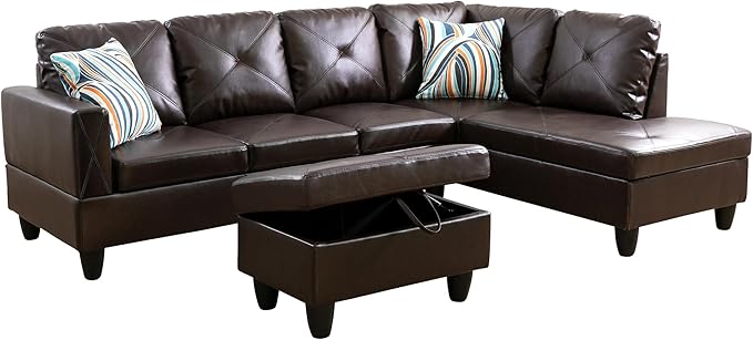 Leather L-Shape Sectional Sofa Set, 3 Piece Microfiber Couch with Storage Ottoman & Right Chaise Lounge, 97" Button Tufted Upholstered Corner Couch for Home, Living Room, Apartment, Brown