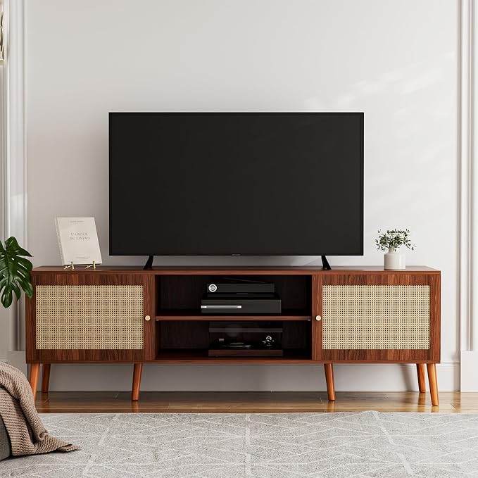 ZttRiee TV Stand for TVs up to 65'', Entertainment Center With Rattan Door, Shelves & 2 Cabinets, Long Boho Media Console for Living Room, Walnut - Image 7