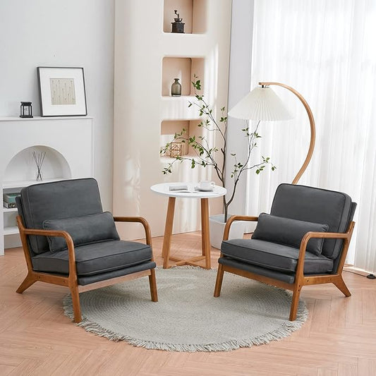 Bonnlo Microfiber Dark Grey Accent Chairs Set of 2, Upholstered Mid Century Modern Lounge Chairs Reading Chairs Side Sitting Chair Solid Wood Farmhouse Armchairs for Living Room, Bedroom, Guest Room