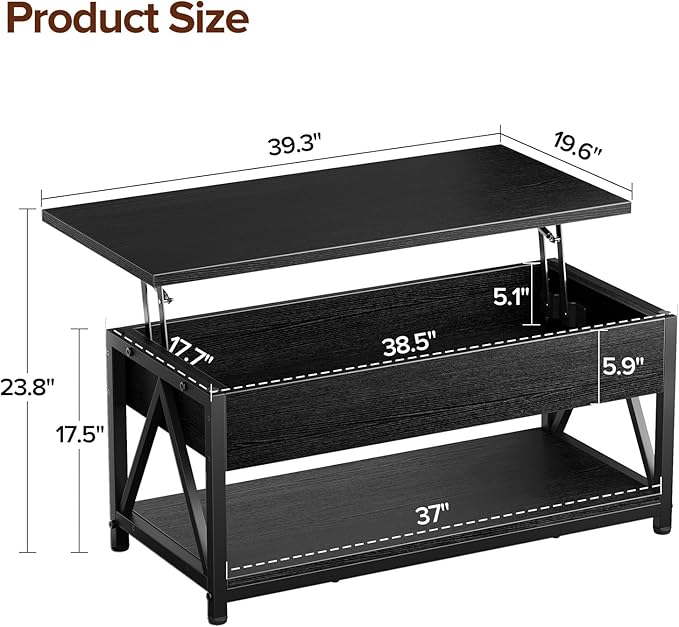 Lift Top Coffee Table,Lift Coffee Tables with Storage Shelf and Large Hidden Compartment for Living Room,Lift Tabletop Dining Center Table for Small Space, Black