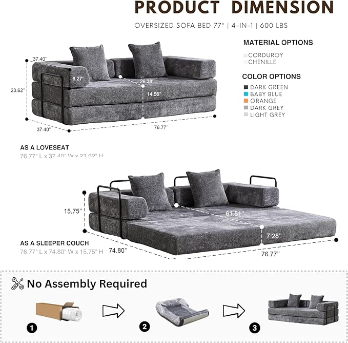 4-in-1 Folding Convertible Sofa Bed, 77" Floor Couch with Pillow - Chenille Fabric & High-Density Sponge & Fixed-Shape Frame, Modular Sofa for Living Room/Lounge/Studio, Dark Grey