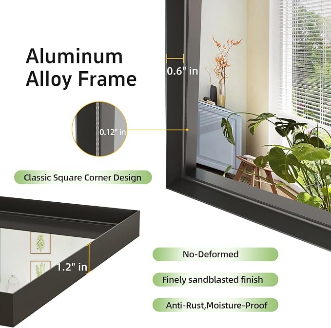 40x30 Inch Black Bathroom Mirrors for Over Sink, Wall Mirror, Metal Framed, Modern Rectangle Mirror, Wall-Mounted Vanity Mirrors Horizontal/Vertical - Image 3