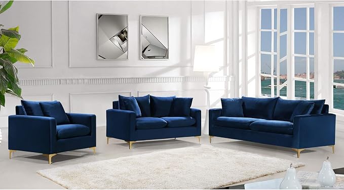 Meridian Furniture Naomi Collection Modern | Contemporary Black Velvet Upholstered Sofa with Stainless Steel Base in a Rich Gold or Chrome Finish, (633Black-S)