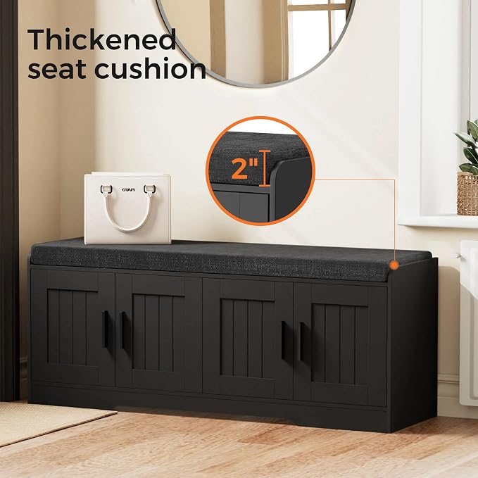 Homleke 2-Tier Storage Bench, Shoe Bench with Thickened Padded Seat Cushion, Entryway Bench with 4 Doors, Adjustable Shelf, 13.8" D x 45.3" W x 18.5" H, for Entryway, Living Room, Bedroom, Black - Image 5