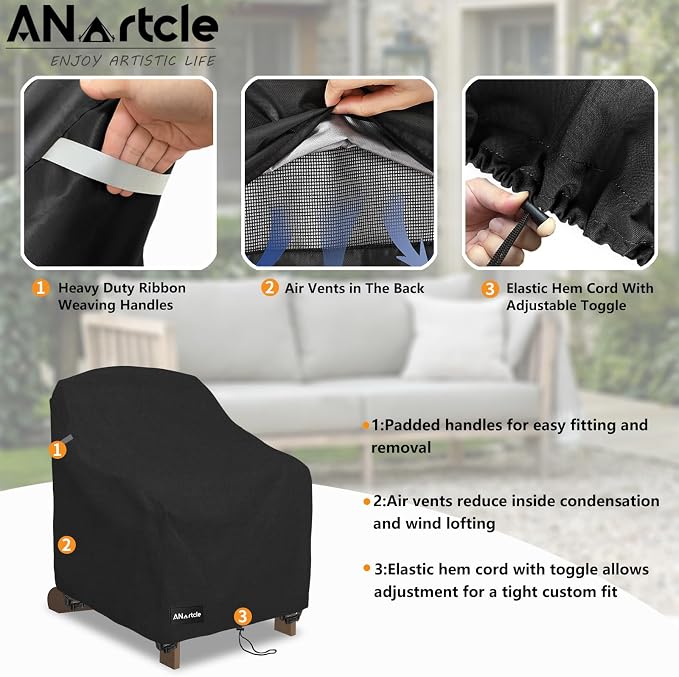 ANartcle Patio Adirondack Chair Cover 2 Pack,600D Waterproof Heavy Duty Outdoor Chair Covers,Adirondack Chair Covers(30W x 34D x 36H inches),Patio Furniture Covers,Black - Image 4