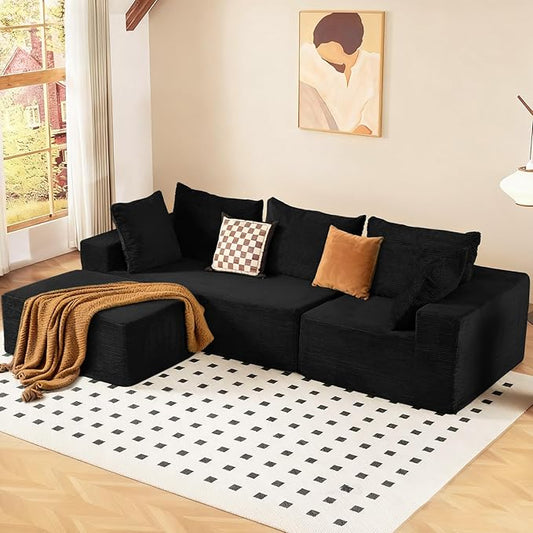 INGEROOM 108" Modular Cloud Sectional Couch with Deep Seat, Boneless Sofa with Movable Ottoman, Plush Corduroy Memory Foam Couch for Living Room, No Assembly, Black