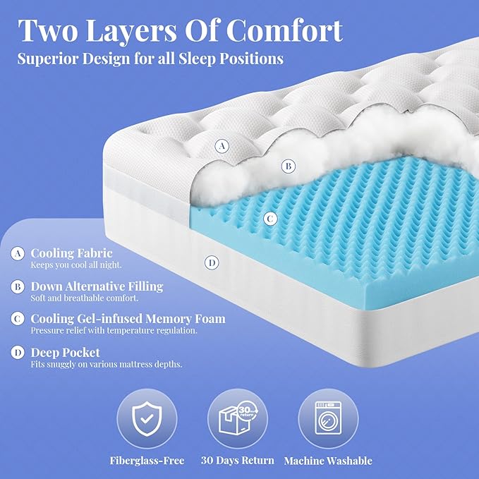 OhGeni Cooling 5 Inch Twin XL Dual Layer Mattress Topper, 3 Inch Egg Crate Gel Memory Foam, 2 Inch Pillow Top Pad, College Dorm Essentials Bedroom Mattresses Cover, Sleep Comfort and Back Pain Relief