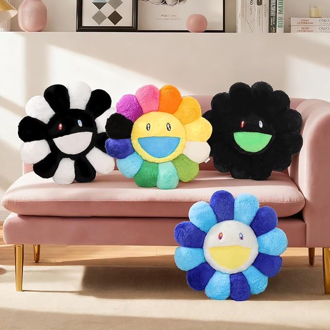 Flower Pillow,Colorful Flower Shaped Throw Pillow,Smiley Face Floor Cushions,Cute Sunflower Plush Pillows,Cute Plushie Room Decor,Decorative Pillows for Bed,Couch,Sofa,Car (Colorful,15.7In)