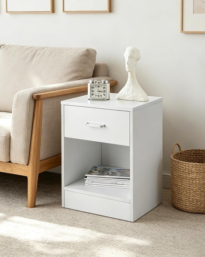 Karl home Nightstands Set of 2 with Drawer for Bedroom, Wood Night Stand Set 2 with Open Shelf, Modern Nightstand Bedside Tables Set of 2, End Table, White - Image 7