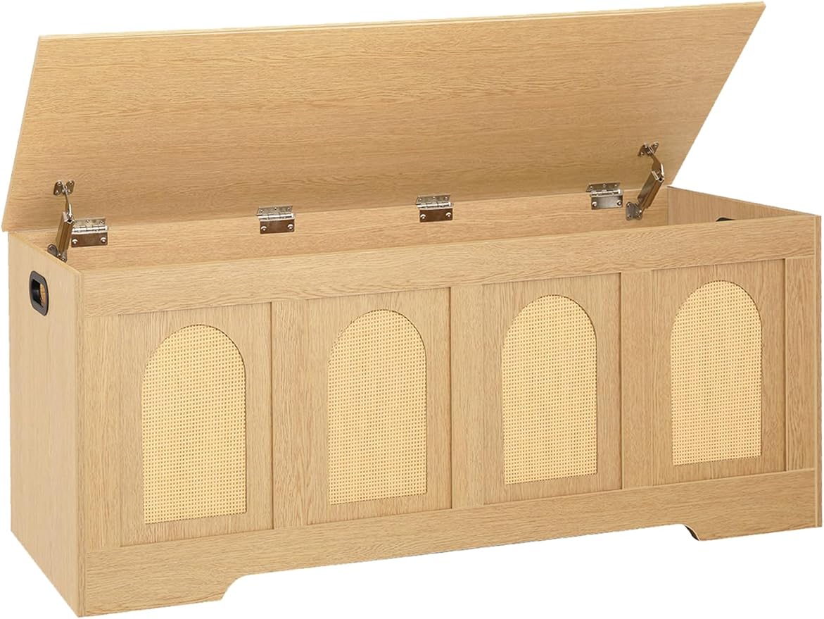 DINZI LVJ Storage Chest, 47.2" Rattan-Like Toy Box with 2 Safety Hinges, Wooden Entryway Storage Bench with Flip-Top, Large Trunk for Living Room, Bedroom, Easy Assembly, Natural by DINZILVJ