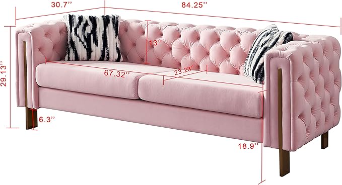 KEIKI 84" Chesterfield Velvet Tufted Button Sofa with Removable Cushions and 2 Toss Pillows, Modern 3-Seater Couch with 4 Gold Metal Legs, Easy Assembly, for Living Room, Bedroom, Apartment, Pink