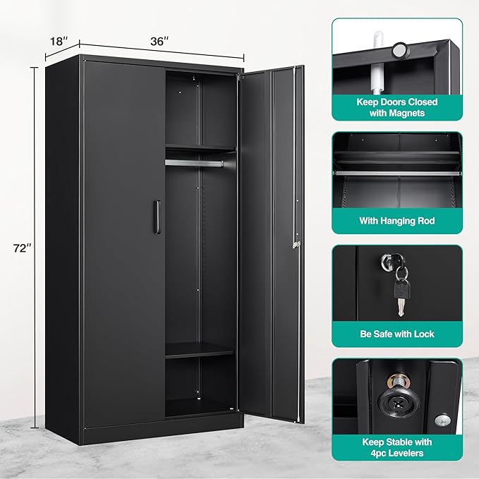 Metal Wardrobe Cabinet with Hanging Rod & Lock,Black Armoire Wardrobe Closet,Metal Clothing Storage Cabinet with Adjustable Shelves and Doors,72" Amroire Storage Cabinets for Home,Living/Laundry Room