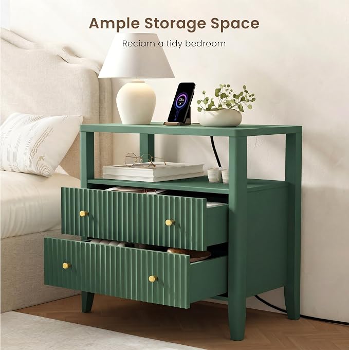 Nightstand with Charging Station, 27.3" Wide Fluted Bedside Tables with 2 Drawers & Open Shelf, Large End Tables with Storage, Metal Handle & Rounded Corners for Bedroom,Green - Image 4