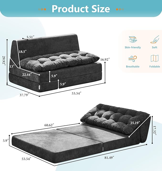 Hobestluk Sofa Couch Folding Sofa Bed Sleeper Comfy Floor Lounger Loveseat Sofa with Removable Cushion Couches Foldable Mattress for Living Room Bedroom or Office (Chenille Grey, Oversize)
