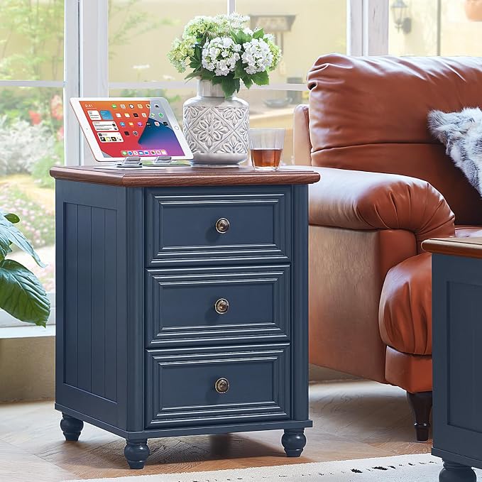 RWYHG 18" Farmhouse Nightstand with Charging Station and USB Port, Blue Night Stand with 3 Drawers, Wood Bedside End Table with Storage, Bed Side Tables for Bedroom Living Room and Closet by RWYHG