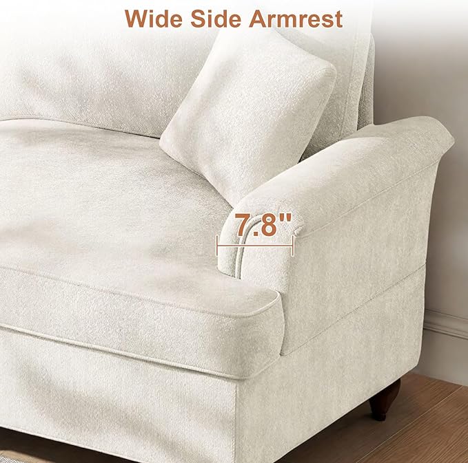 Rovibek 107” L Shaped Couch, Chenille Midcentury Modern Sofa with Detachable Ruffle Hem, Sectional Couches for Living Room with Throw Pillows & Ottoman, White