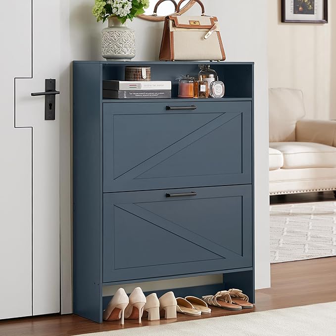 RWYHG Shoe Cabinet Storage for Entryway with 2 Flip Drawers Open Storage Layer Rack Narrow Organizer Slim Hidden Wood Shoe Cabinet Furniture Blue - Image 8