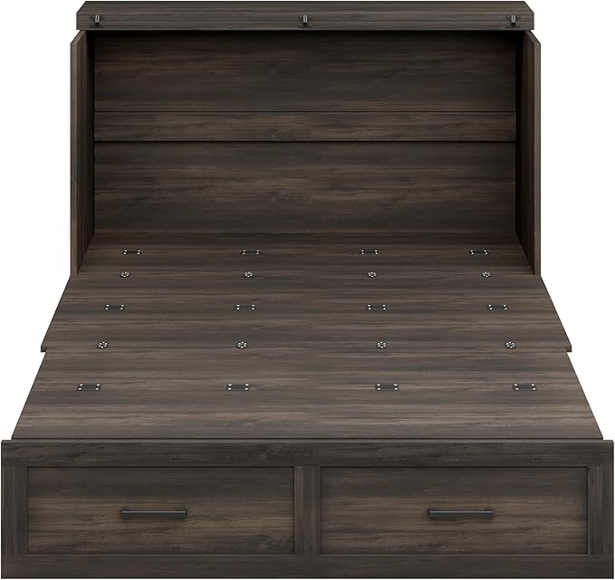 Bellemave Full Size Murphy Bed, Cabinet Bed with Charging Station and Storage, Farmhouse Murphy bedframe with Foldable Panel, Noisy Free, for Guest Bedroom, Living Room, Office, Rustic Gray