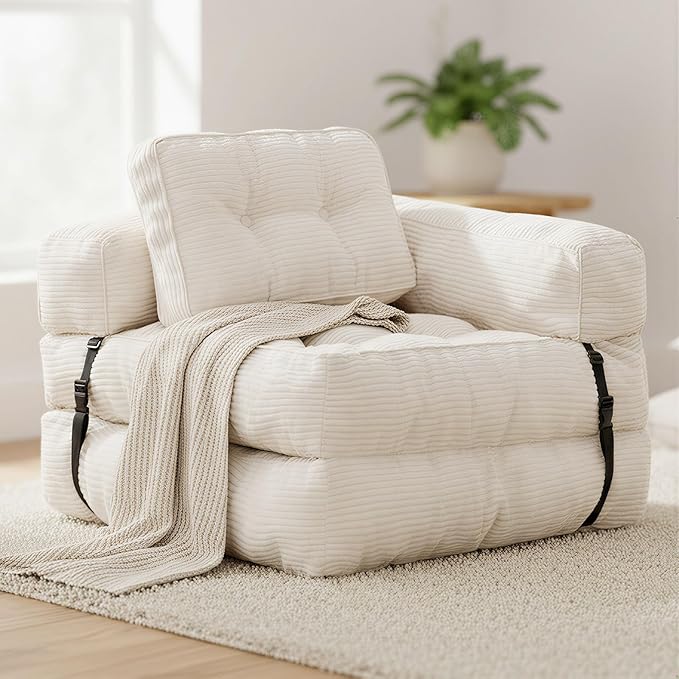 Folding Sofa Bed, L-Shaped Convertible Sleeper Chair Bed Mattress for Adults with Pillow, Foam Foldable Floor Lounge Couch Beds with Armrest for Living Room Bedroom Apartment Small Space, Beige