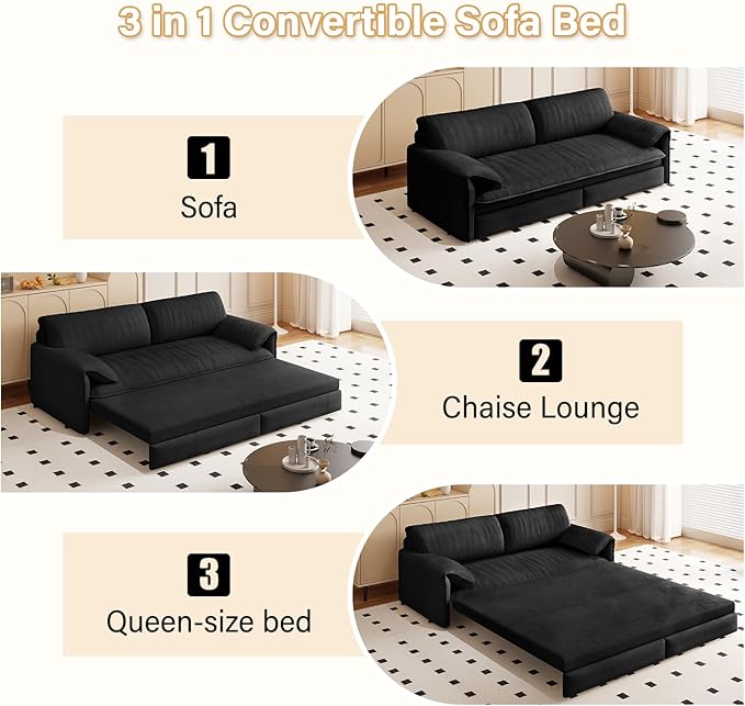 Eafurn 66" Convertible Sofa Bed Queen Size, 3-in-1 Pull Out Sleeper Couch Sofabed, Modern Velvet Loveseat Chaise Lounge w/Side Storage Pocket for Living Room Office | Removable Cushions