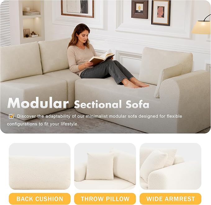 104" Modular Sectional Sofa with L-Shape Chaise, Modern Upholstered Cloud Couches for Living Room Bedroom, No Assembly Required, Cream