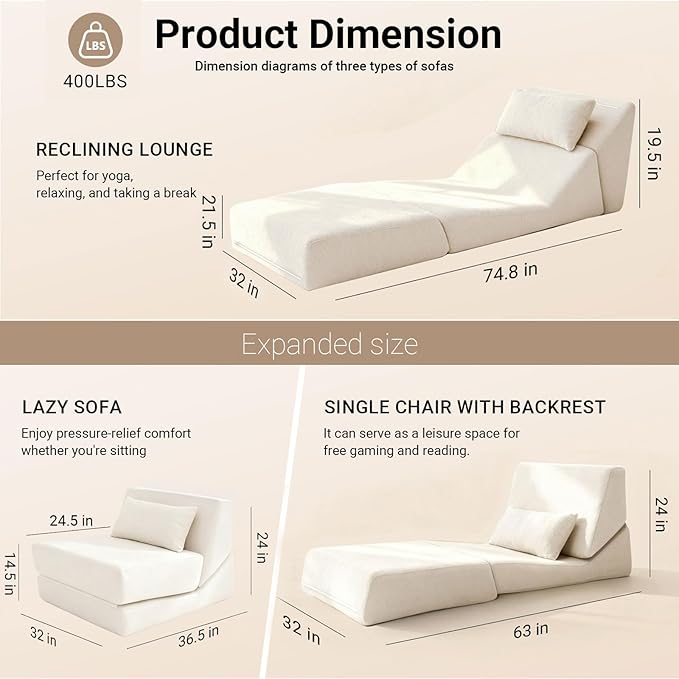 Folding Sofa Bed Chair, 3 in 1 Convertible Sleeper Chair Bed w/Pillow Handle, Floor Sofa Lounge w/Back Support & Removable Washable Cover for Living Room, Bedroom, Apartment (White) | Washable Cover, Sleeper Chair, Folding Sofa Bed