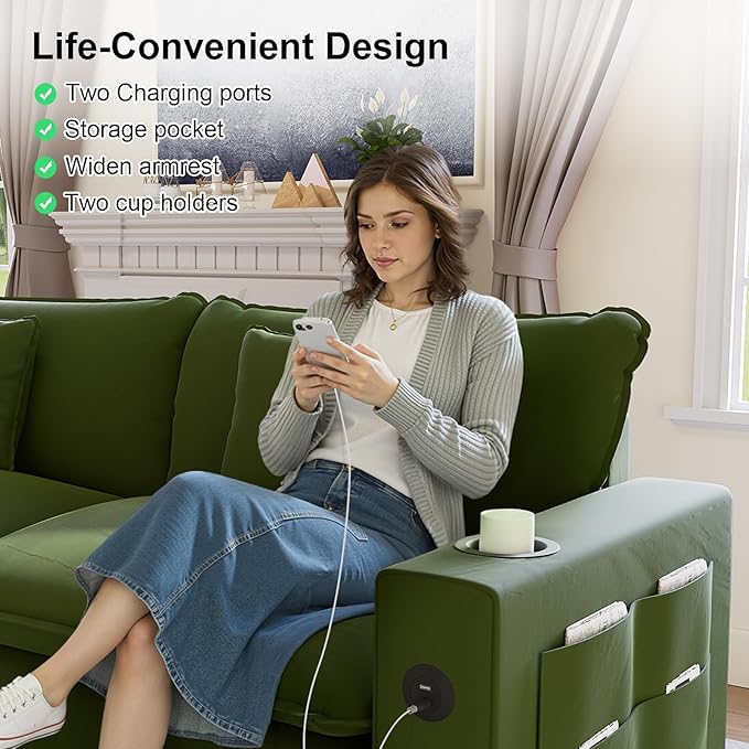 80.7" Modular Sectional Sofa, L Shaped Cloud Couch with Movable Ottoman, Chenille Deep Seat Cloud Sofa with Charging Station, Cup Holder, Side Pocket, Sectional Couches for Living Room, Green
