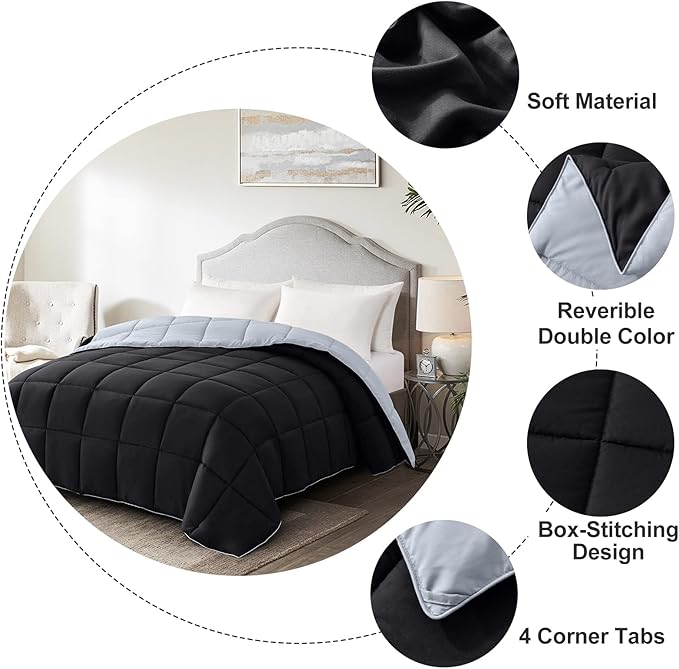 Homelike Moment Twin Comforter Duvet Insert - Black Down Alternative Bed Comforter Twin Size, Lightweight Bedding Comforters Quilted Soft All Season Reversible Black/Light Grey