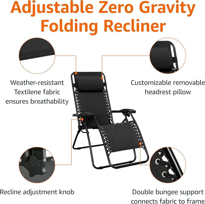 Amazon Basics Outdoor Patio Zero Gravity Portable Folding Reclining Lounge Chair with Padded Headrest Pillow, Weather Resistant Textilene, 26", Black - Image 5