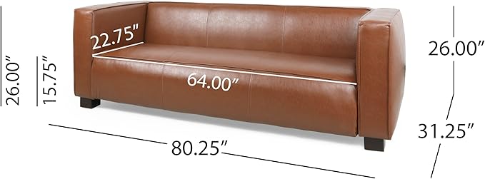Goyette 3 Seater Sofa - Faux Leather - Cognac Brown/Dark Walnut