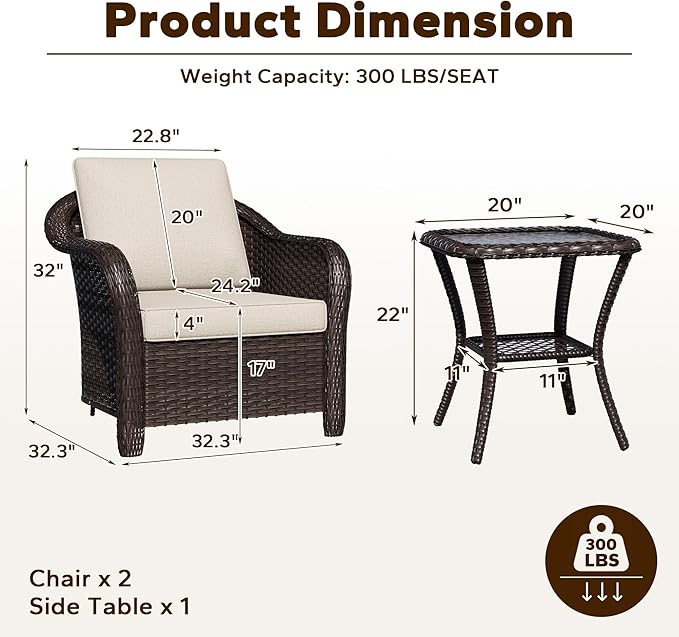3 Piece Patio Wicker Bistro Set, 2 All-Weather Use Outdoor Wicker Chairs with PE Rattan Side Table,Ideal for Porch, Backyard, Balcony, Poolside, Beige