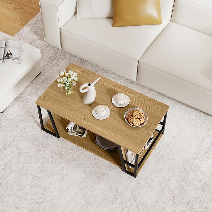 Giantex Modern Coffee Table with Storage, 2-Tier Rustic Wood Center Table with Shelf, Compartment, Metal Frame, Rectangular Geometric Living Room Table for Apartment (Oak)
