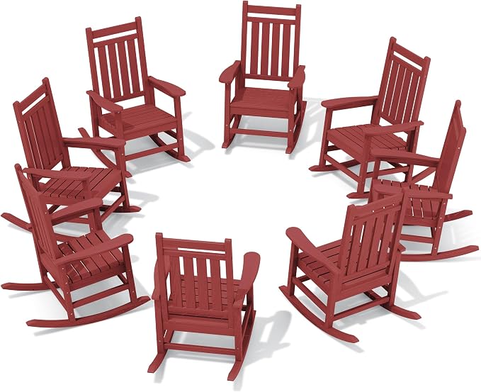 SERWALL HDPE Outdoor Rocking Chair Set of 8, Patio Rocking Chairs for Adults, All Weather Outdoor Rockers for Lawn, Crimson Red by SERWALL