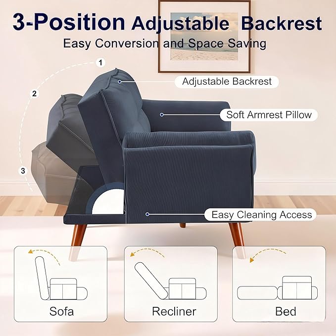 Convertible Futon Sofa Bed, Modern Futon Couch with 2 Pillows, Small Futons Couch with Adjustable Armrest & Backrest, Loveseat Sofa Bed for Living Room, Bedroom, Blue