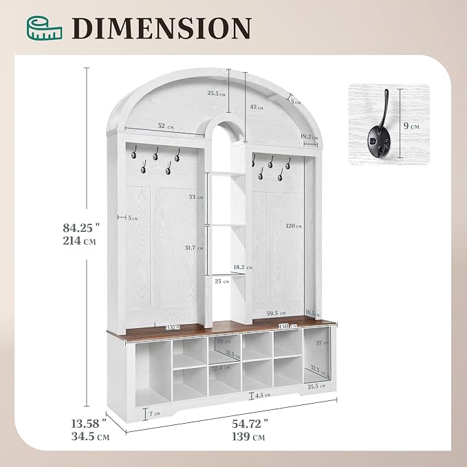YITAHOME 59" W Hall Tree with Shoe Storage, Arched Entryway Bench with Coat Rack, 10 Shoe Cubbies Shelves & 10 Coat Hooks, Shoe Storage Bench for Entryway Hallway,White - Image 7